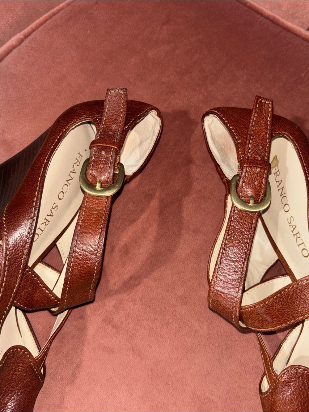 Franco Sarto heels open toe strappy leather wooden narrow wedge women’s 8.5 - Picture 8 of 16